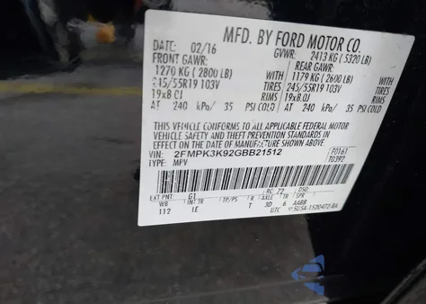 2016 Ford Edge Titanium из США, поврежденный, VIN 2FMPK3K92GBB21512